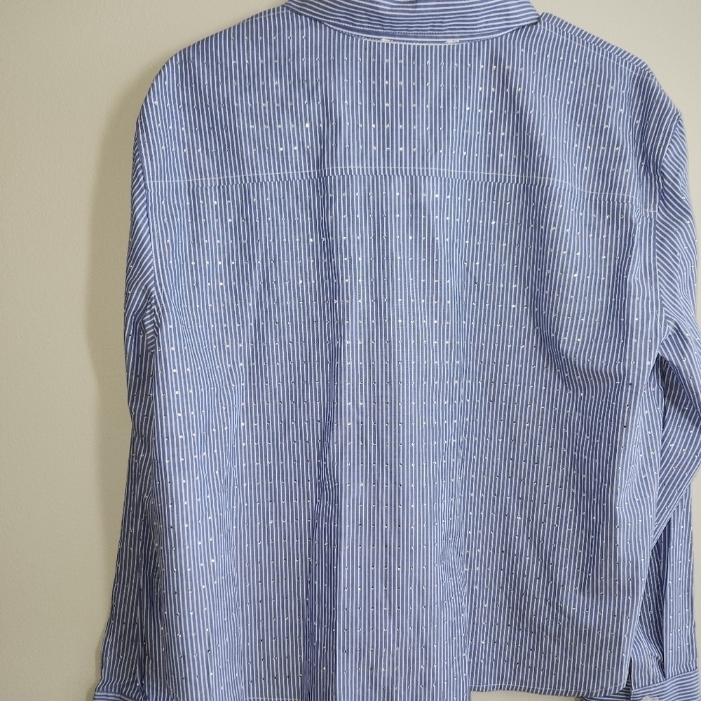 NWT D K N Y Ladies Blue Striped Shirt Covered in  Mini sequins - Picture 5 of 5